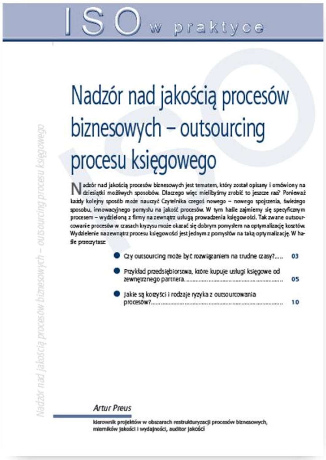 Artur Preus Nadzór nad jakością procesów biznesowych – outsourcing procesu księgowego outsourcing